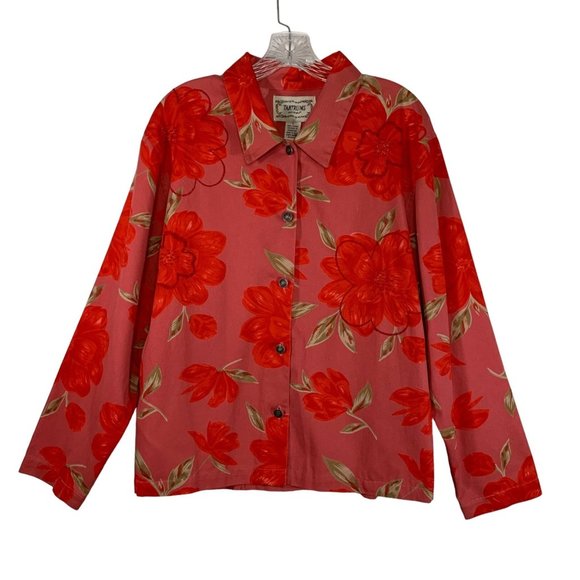 VTG Tantrums Womens Pink Floral Denim Jacket Size L Beaded Embroidered Jean Coat - Picture 12 of 13